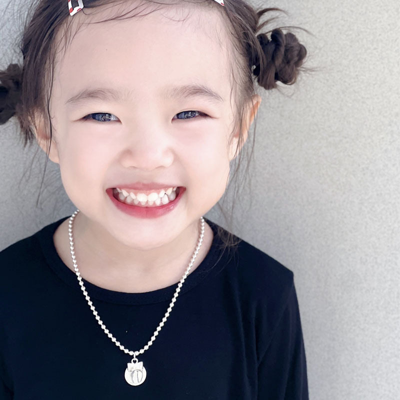 足银99纯银韩版女童项链蝴蝶结吊坠圆珠链银饰品宝宝刻字生日礼物