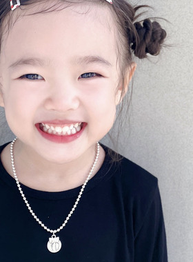 足银99纯银韩版女童项链蝴蝶结吊坠圆珠链银饰品宝宝刻字生日礼物