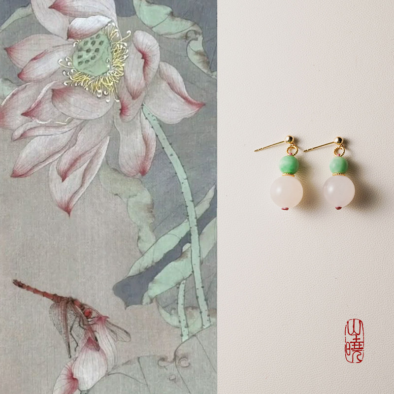 山晓 原创「知许」天然冰底和田玉翡翠耳环耳坠女新中式18k金耳饰