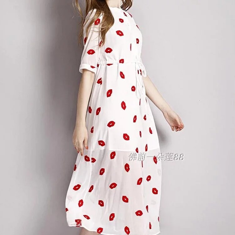 高档减龄时尚红唇连衣裙低奢欧美大码修身夏季雪纺前开扣真丝长裙