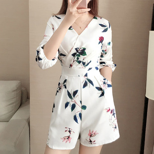 夏季 潮甜美印花v领导A字裤 新款 女装 裙摆 时尚 花叶连身裤