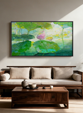 《粉荷摇翠》厚涂油画挂画清新自然书房客厅卧室茶室背景墙装饰画