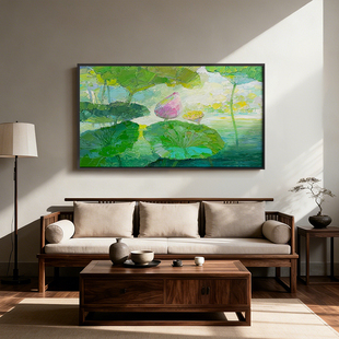 《粉荷摇翠》厚涂油画挂画清新自然书房客厅卧室茶室背景墙装饰画