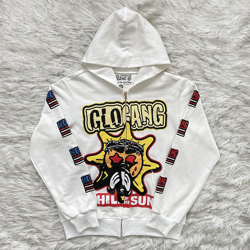 Glo Gang 白色卡通印花 合身美式街头连帽拉链男卫衣外套潮牌帽衫