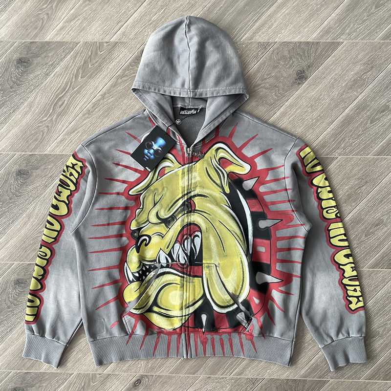 Hell  Bull Dog Zip Up Hoodie狗头印花连帽拉链开衫卫衣外套男女