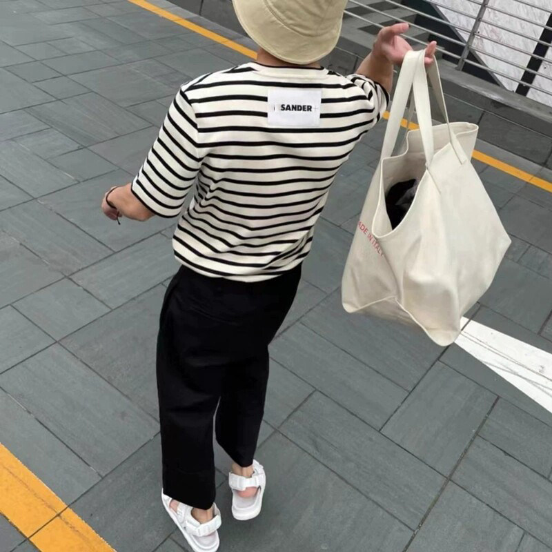 自主JS风格小众极简字母徽标贴布条纹宽松男女装休闲短袖T恤tee