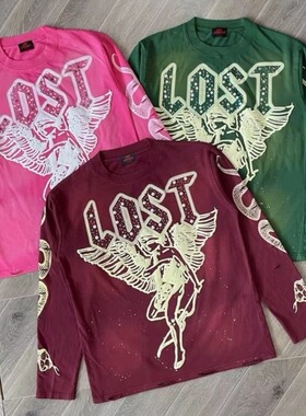 Lost intricacy 洗水复古风天使与魔鬼印花镶钻潮流美式长袖T恤
