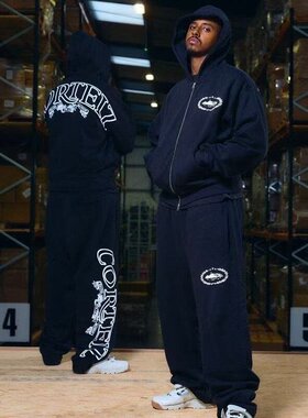 Corteiz Tracksuit Drill 恶魔岛美潮宽松棉连帽拉链开衫卫衣长裤