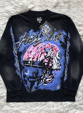 HELL STUDIOS洗水头盔裂纹闪电欧美嘻哈百搭潮流宽松长袖T恤
