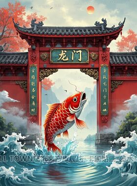 鱼跃龙门贴画自粘墙贴鲤鱼跳龙门大张海报防水自粘装饰画家居室内