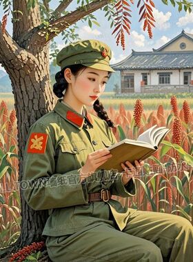 80年代复古知青年代怀旧海报墙贴画高粱地看书的女青年室内贴墙