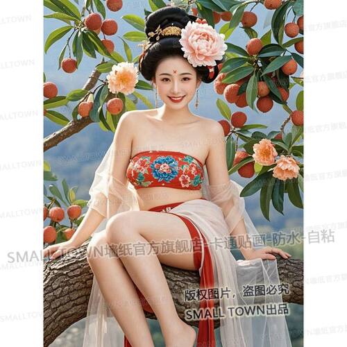 网红美人贴画中国风荔枝树古风美女海报自贴家用墙上宿舍卧室装饰