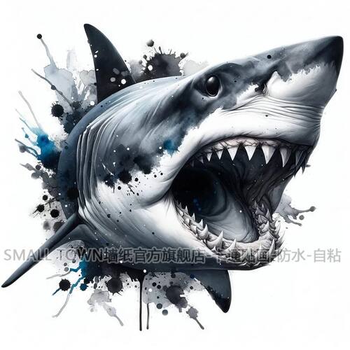 新款凶猛鲨鱼3D立体效果贴画室内贴墙汽车摩托车自贴防水划痕贴