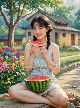 复古乡村风吃西瓜的美妇人海报自贴画网红旧时光贴墙门贴装饰画