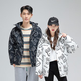 2025新款羽绒服男冬装潮流涂鸦兔子连帽外套男女情侣款yr235-P100，男装羽绒服，星座1210A