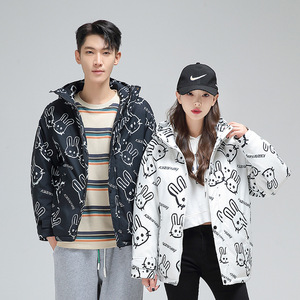 2025新款羽绒服男冬装潮流涂鸦兔子连帽外套男女情侣款yr235-P100图片