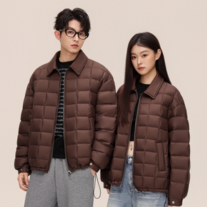 标90%轻薄款复古棋盘格翻领羽绒服男女同款秋冬季防寒外套P210图片