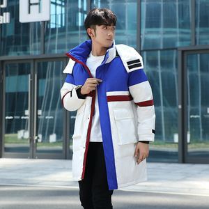 定制工作服拼接撞色羽绒服男中长款工装情侣款连帽外套yr248-P150图片