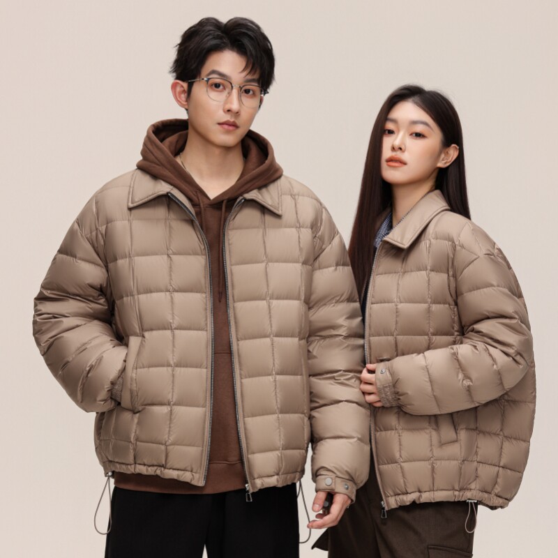 标90%轻薄款复古棋盘格翻领羽绒服男女同款秋冬季防寒外套P210,男装羽绒服,星座1210A