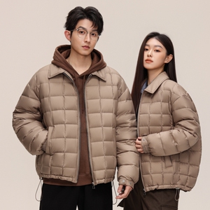 标90%轻薄款复古棋盘格翻领羽绒服男女同款秋冬季防寒外套P210图片