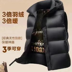 男装秋冬新款黑金白鸭绒羽绒服马甲男女同款可脱卸帽潮外套男p80,灰色连衣裙搭配黑色大衣好看吗图片