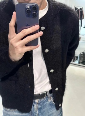 Cele秋冬黑色经典柔软马海毛银扣开衫外套男士老钱风纯色毛衣保暖