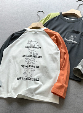 轻磨毛~软~棉110-170男童全棉鸳鸯袖休闲长袖t恤  春秋圆领打底衫