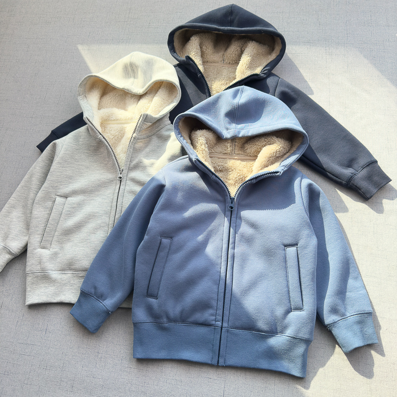 日系羊羔绒连帽卫衣拉链衫