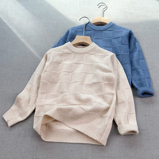儿童秋冬圆领套头针织衫 160 男童 立体方格毛衣110 45%羊毛