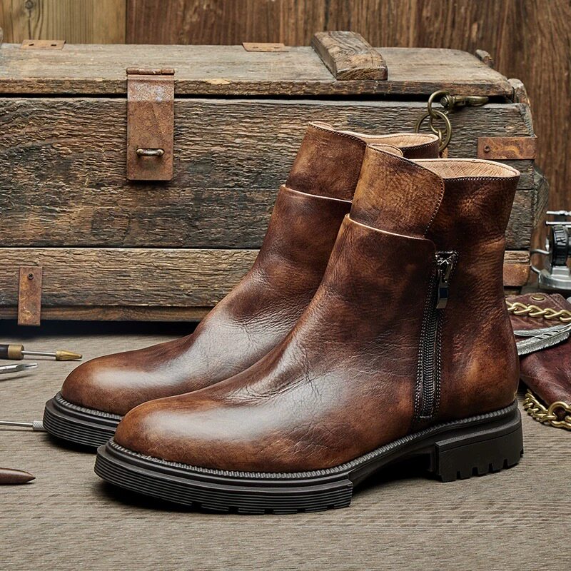 英伦风真皮马丁靴男短筒厚底复古拉链切尔西靴冬季皮靴
