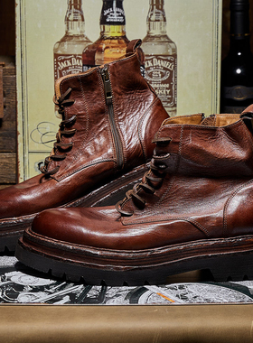 秋冬马皮黄色靴子厚底高帮马皮复古大头皮靴增高马丁靴加厚男鞋