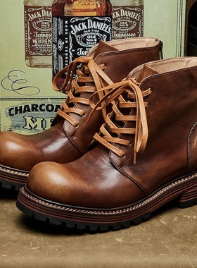 真皮手工黄色靴子痞帅风马丁靴增高马丁靴高帮马丁靴加厚男鞋