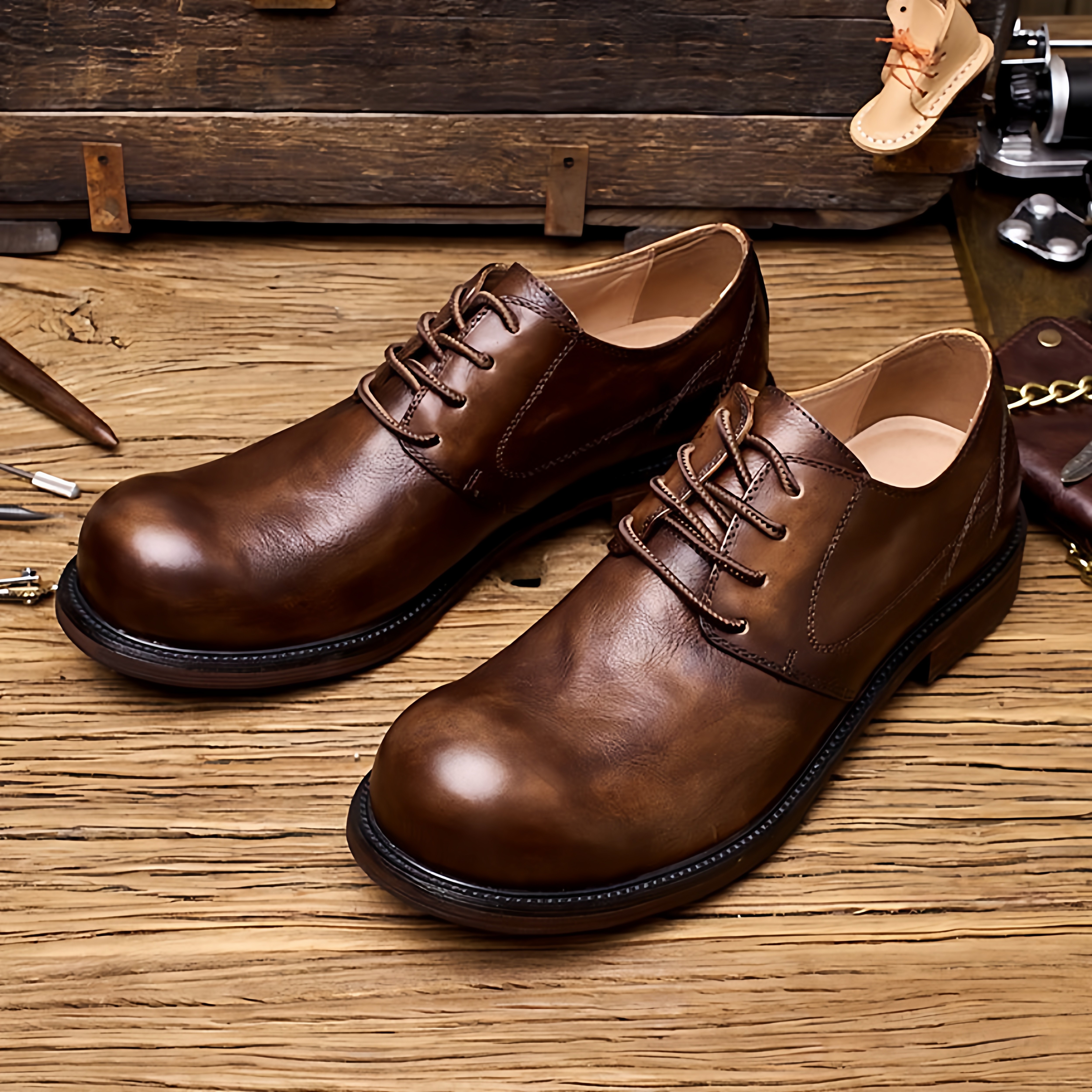 复古英伦风休闲皮鞋男圆头系带牛皮德比鞋真皮百搭男鞋