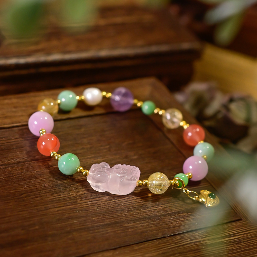 PIPISHOP 天然粉晶翡翠南红玛瑙金发晶紫锂辉珍珠银镀金多宝手串