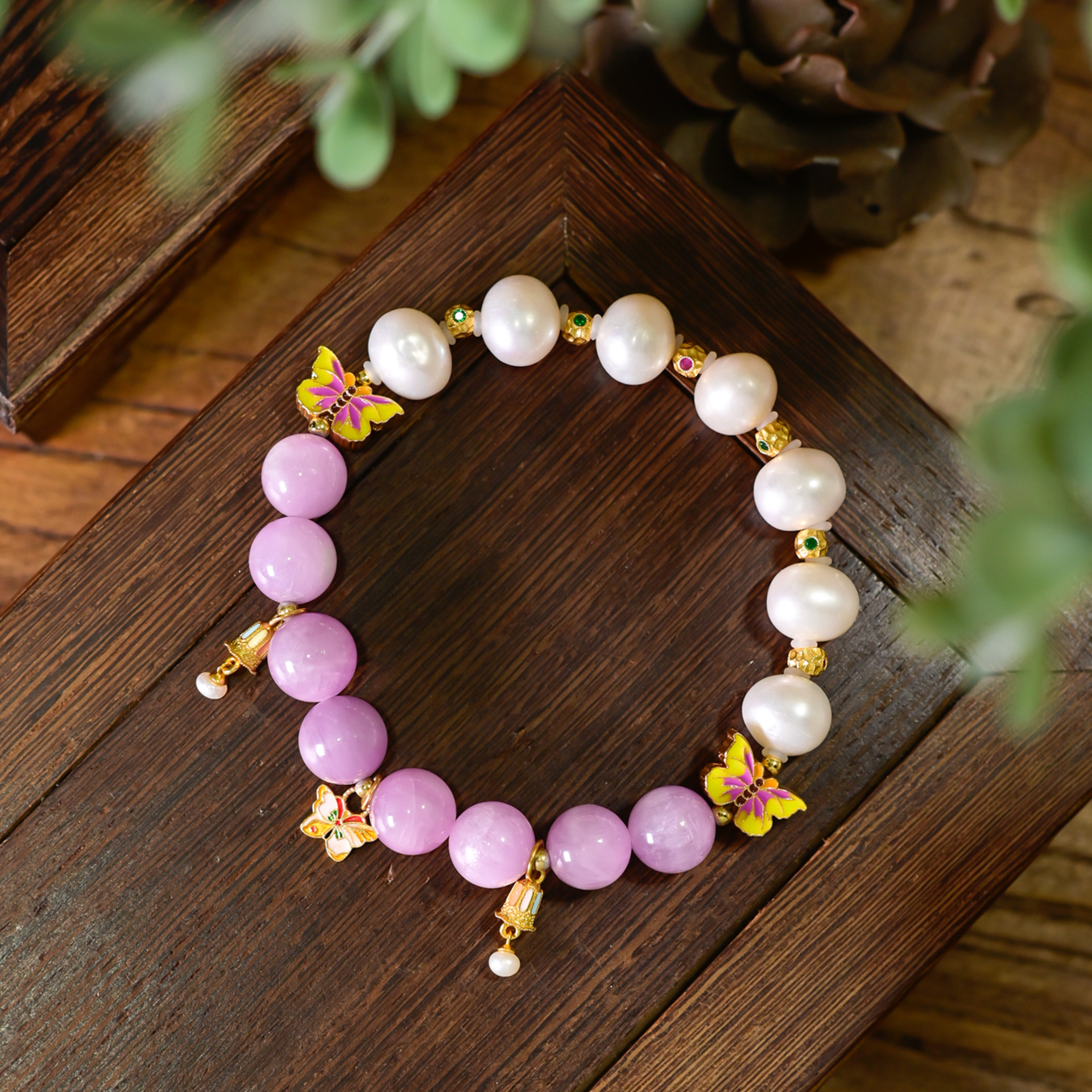 PIPISHOP 925银镀金彩釉蝴蝶天然紫锂辉圆珠淡水珍珠单圈手串