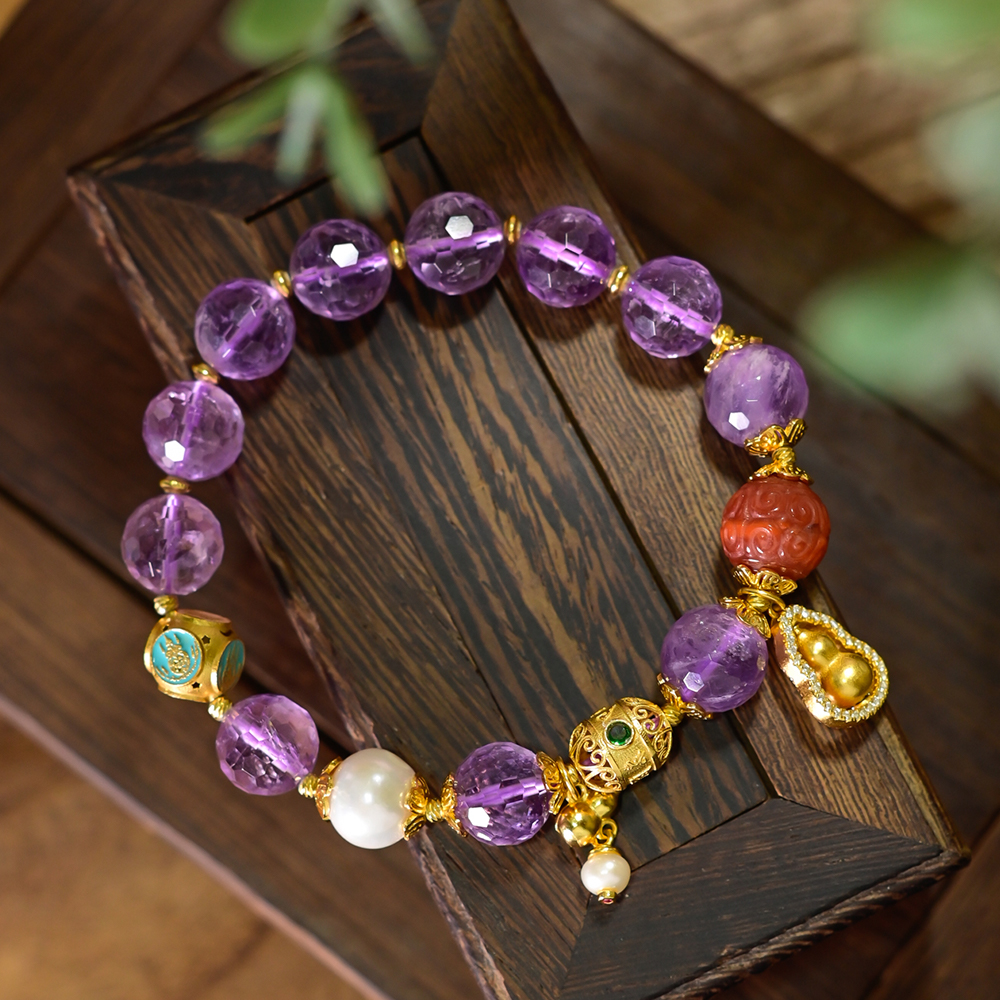 PIPISHOP 925银镀金福禄葫芦吊坠切面天然紫玉晶紫水晶单圈手串