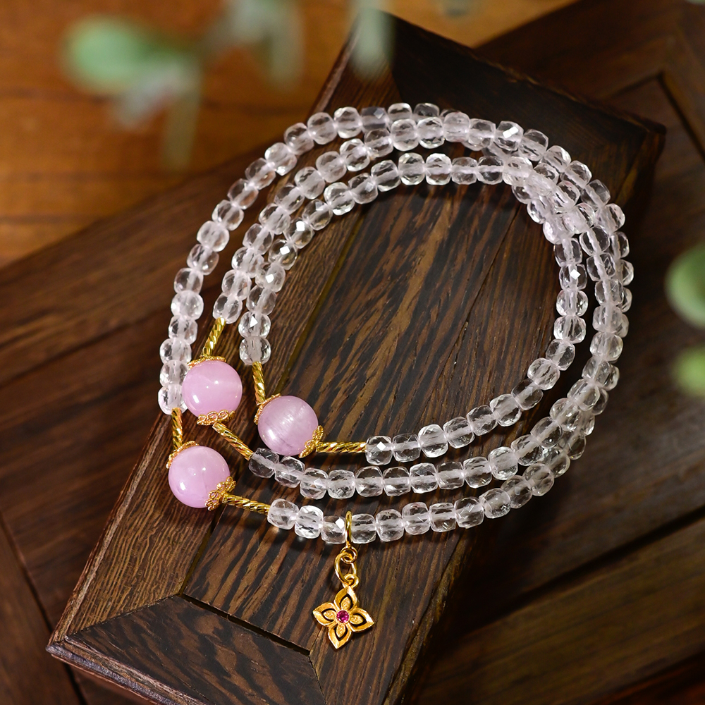 PIPISHOP 天然紫锂辉圆珠925银镀金切割面白水晶方糖多圈手串