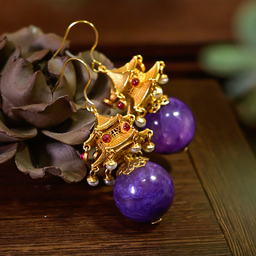 PIPISHOP 天然紫龙晶大圆珠925银镀金宫廷风耳环耳饰