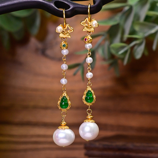 PIPISHOP 淡水珍珠翡翠葫芦925银镀金三叶草耳钩手工长款耳环