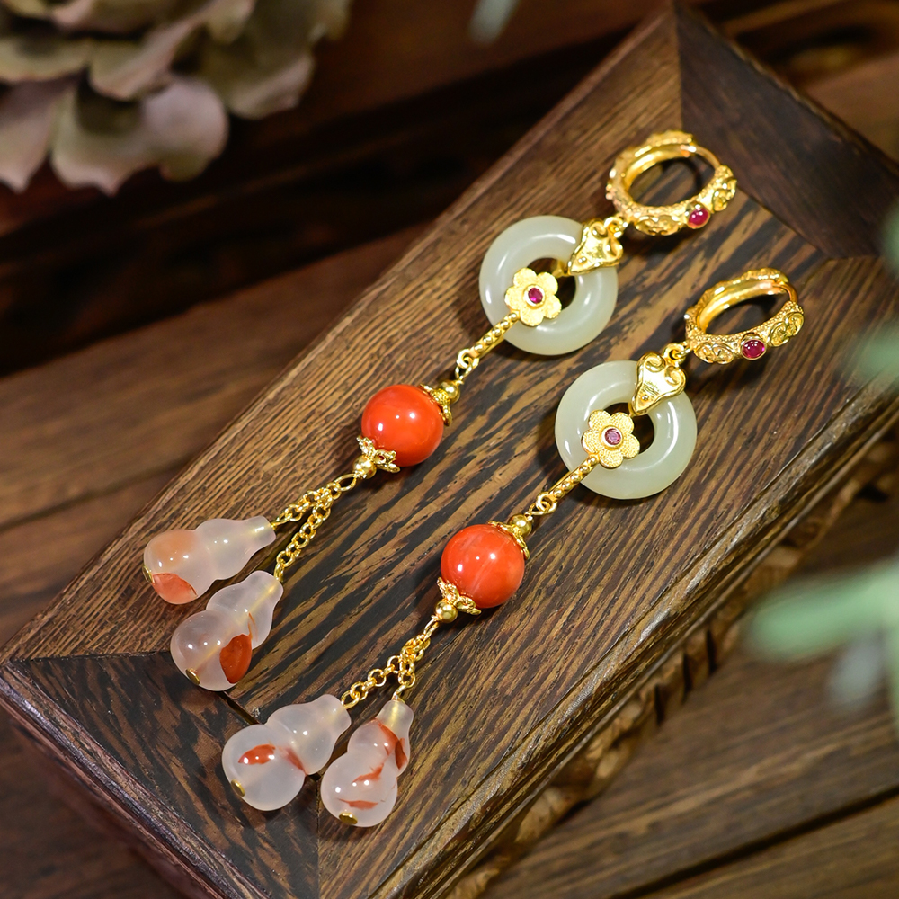 PIPISHOP 天然和田玉甜甜圈平安扣冰飘花南红玛瑙葫芦耳环耳饰