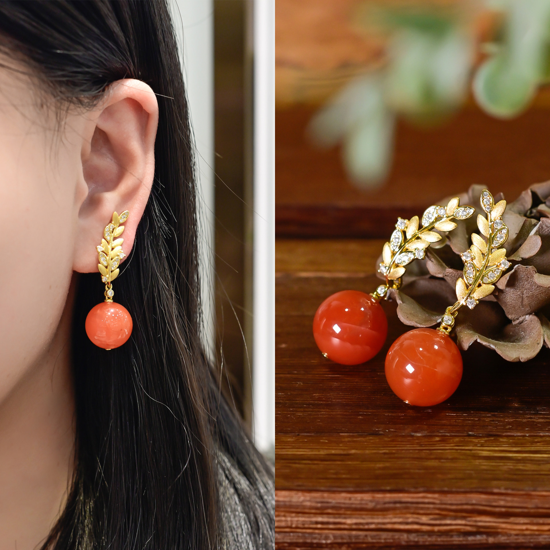 PIPISHOP 天然南红玛瑙925银镀金锆石微镶麦穗叶子长款耳钉耳饰