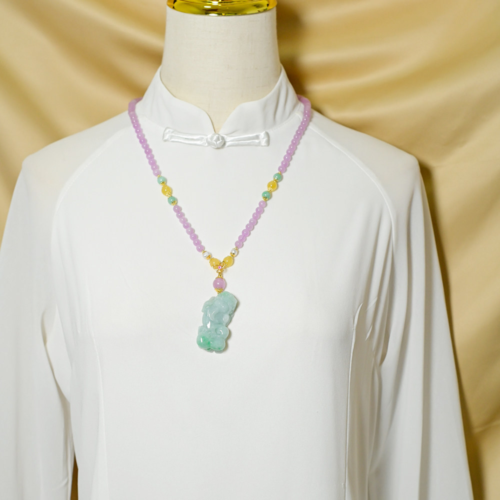 PIPISHOP 天然A货翡翠貔貅吊坠925银镀金紫锂辉圆珠项链锁骨链