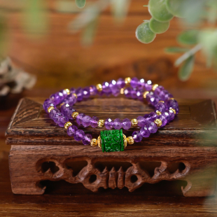 PIPISHOP 天然A货干青翡翠路路通925银镀金切面紫水晶双圈手串