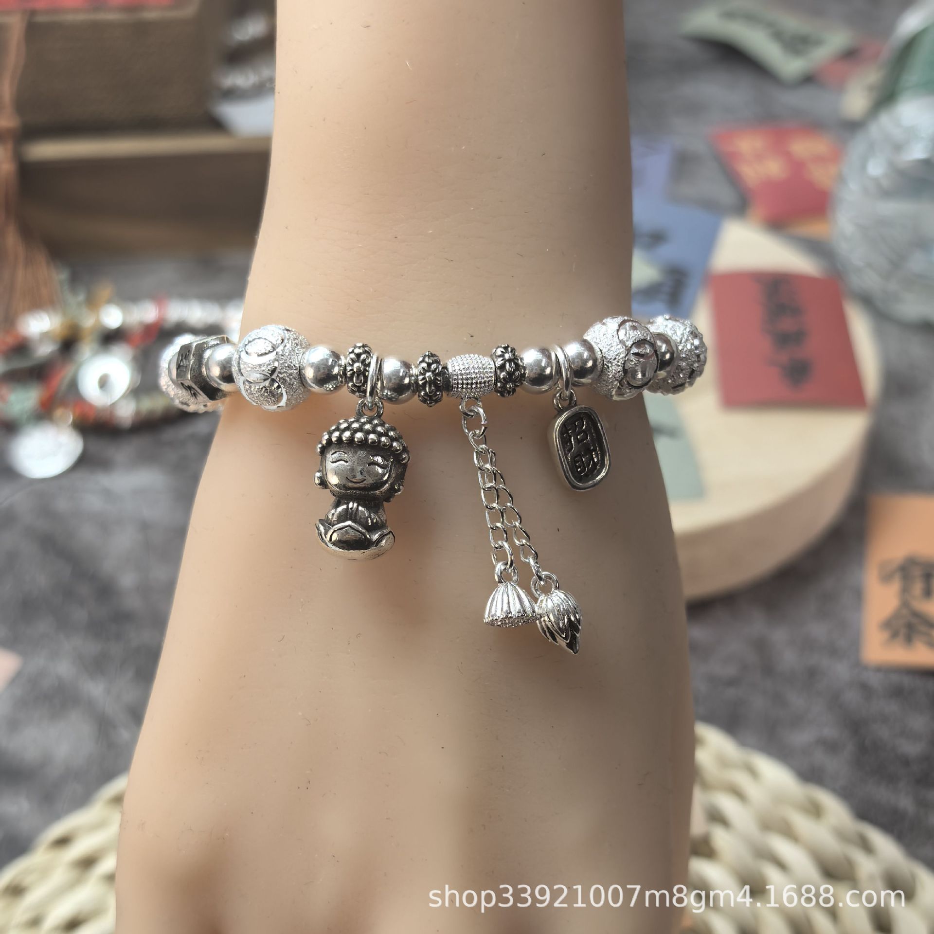 DYY白铜手链 原创设计简约3D古法福顺小佛暴富女手串万事顺心