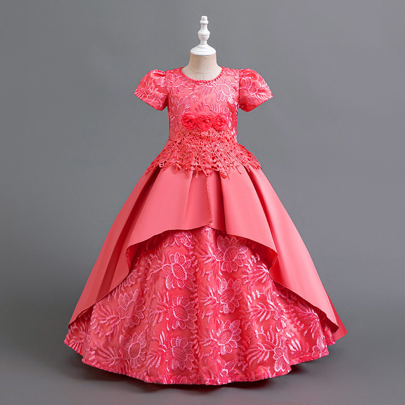 2025欧美连衣裙礼服中大儿童装女长款缎布绣花公主裙跨境主持舞会