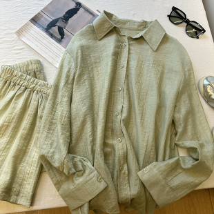 衬衫 上衣套装 女夏季 清爽浅色宽松衬衣阔腿短裤 新款 巴多按防晒长袖