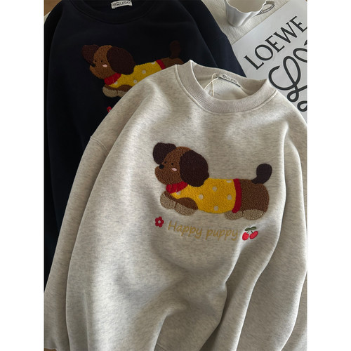 重工植绒卡通刺绣加绒卫衣女秋冬