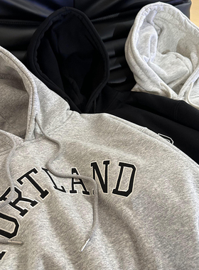 复古字母刺绣连帽加绒卫衣女冬季保暖加厚BF宽松百搭灰色上衣外套