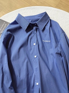 字母刺绣竖条纹蓝色衬衫女2025秋季新款宽松百搭翻领叠穿长袖衬衣