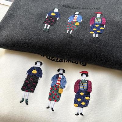 洋气复古小人刺绣磨毛长袖T恤